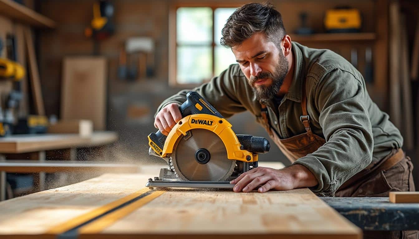 Illustration: Pourquoi choisir une scie circulaire Dewalt équipée d’un rail pour vos découpes ?